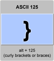 the ascii code 125 - curly brackets or braces, closing curly brackets 