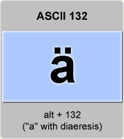 the ascii code 132 - letter a with umlaut or diaeresis , a-umlaut 