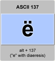 ASCII code letter e with umlaut or diaeresis ; e-umlauts, American ...