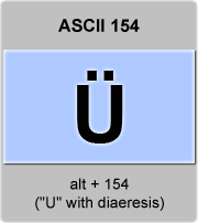 the ascii code 154 - Letter U with umlaut or diaeresis ; U-umlaut 