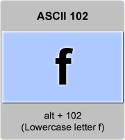 the ascii code 102 - Lowercase letter f , minuscule f 