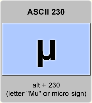 the ascii code 230 - Lowercase letter Mu ; micro sign or micron 