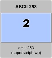 the ascii code 253 - Superscript two, exponent 2, square, second power 