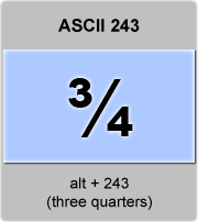 Ascii Code Three Quarters Three Fourths American Standard Code For Information Interchange The Complete Ascii Table Characters Letters Vowels With Accents Consonants Signs Symbols Numbers Three Quarters Three Fourths Ascii 243 Ascii Art